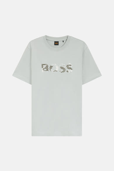 T-shirt à manches courtes gris de BOSS ORANGE, avec motif BOSS camouflage sur le devant.
