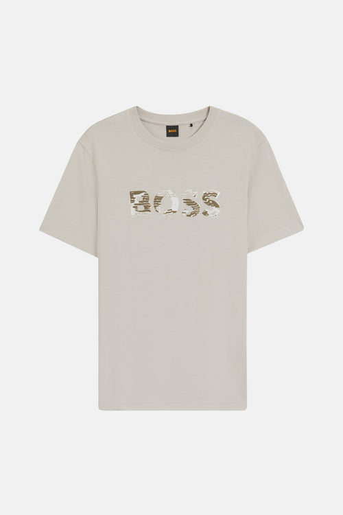 T-shirt à manches courtes gris de BOSS ORANGE avec motif camouflage sur le lettrage.
