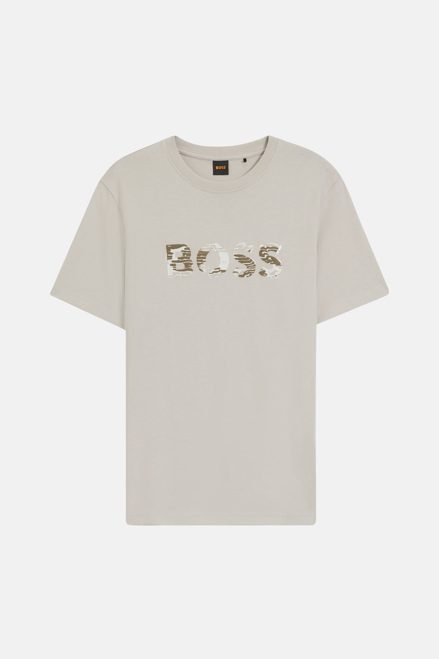 T-shirt à manches courtes gris de BOSS ORANGE avec motif camouflage sur le lettrage.
