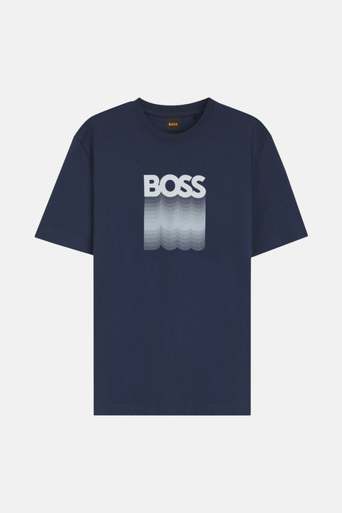 T-shirt à manches courtes bleu de BOSS ORANGE, avec logo graphique ondulé sur le devant.
