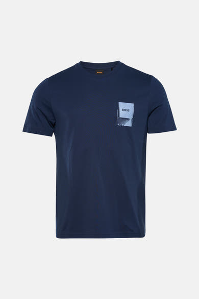 T-shirt à manches courtes bleu par BOSS ORANGE, avec un imprimé graphique sur le devant.