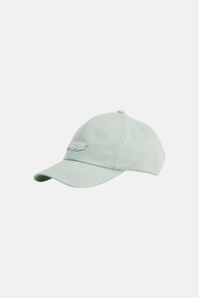 Casquette turquoise de BOSS ORANGE avec logo brodé sur le devant, vue de côté.