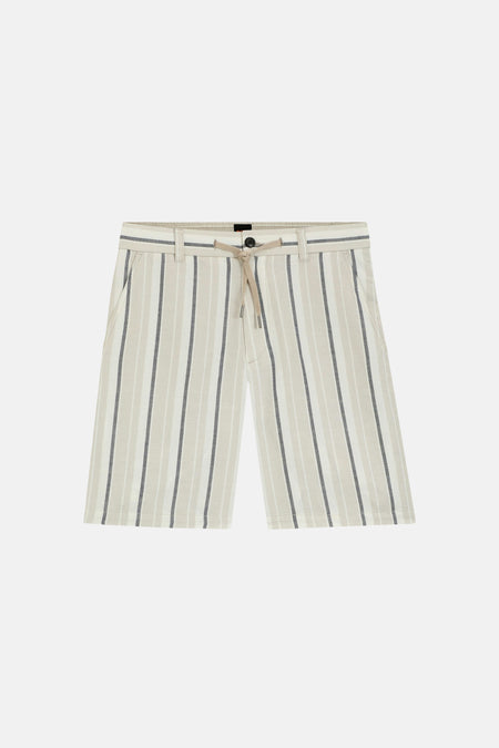 Korte beige short van BOSS ORANGE met zwart-witte strepen en trekkoord.