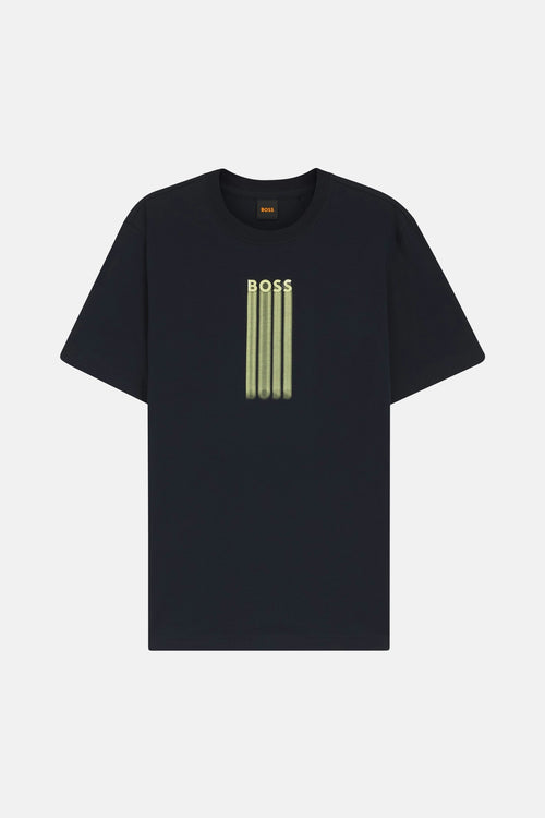 T-shirt bleu à manches courtes de BOSS ORANGE, orné d'un motif graphique vertical couleur or.