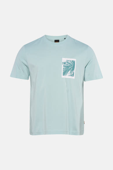Licht turquoise T-shirt met korte mouwen van BOSS ORANGE met een grafische print van palmbomen en 7.8 op de borst.
