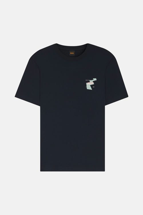 T-shirt bleu marine de BOSS ORANGE avec motif graphique géométrique et logo sur la poitrine.