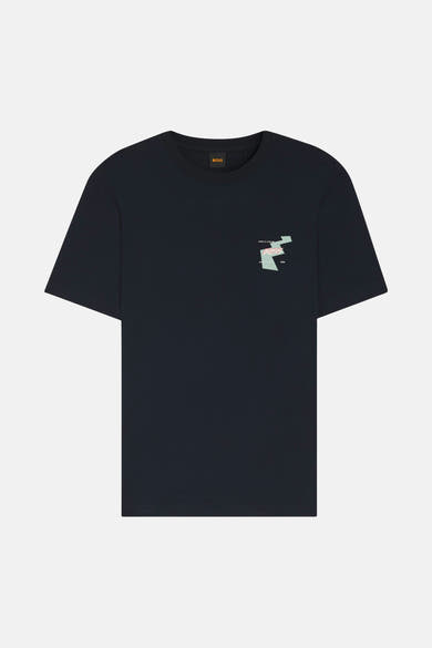 T-shirt bleu marine de BOSS ORANGE avec motif graphique géométrique et logo sur la poitrine.