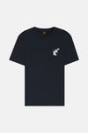 T-shirt bleu marine de BOSS ORANGE avec motif graphique géométrique et logo sur la poitrine.