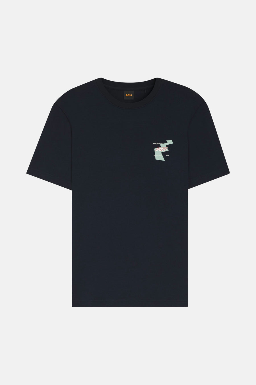 T-shirt bleu marine de BOSS ORANGE avec motif graphique géométrique et logo sur la poitrine.