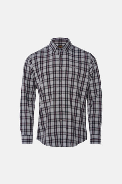 Grey plaid long-sleeve shirt by BOSS, featuring button-down front and chest logo, front view