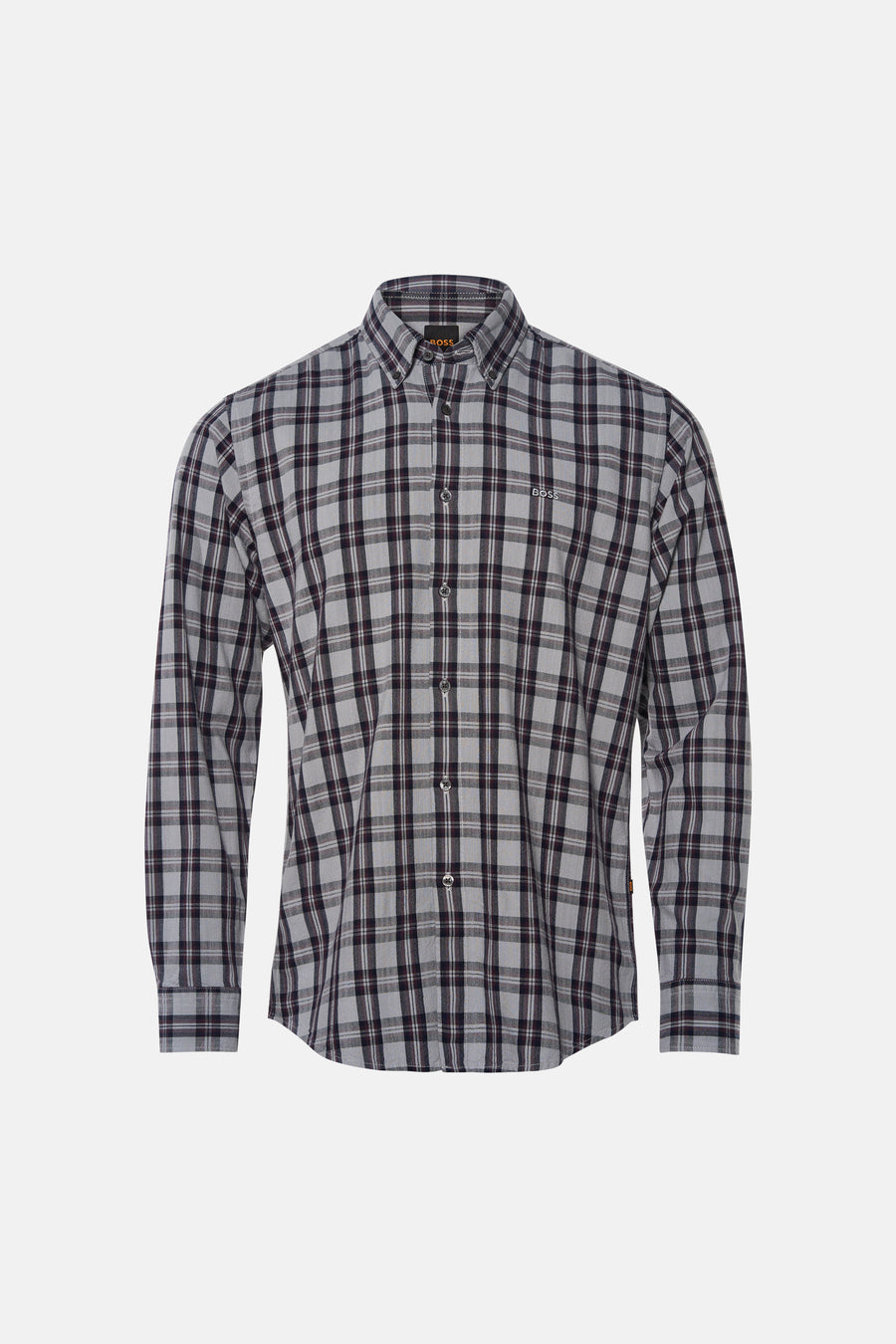 Grey plaid long-sleeve shirt by BOSS, featuring button-down front and chest logo, front view