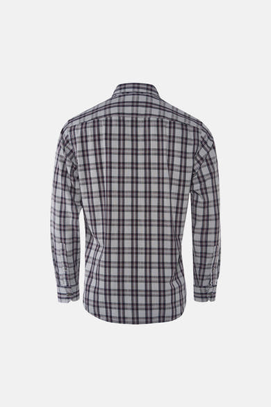 Grey long-sleeve plaid shirt back view with dark check pattern and buttoned cuffs