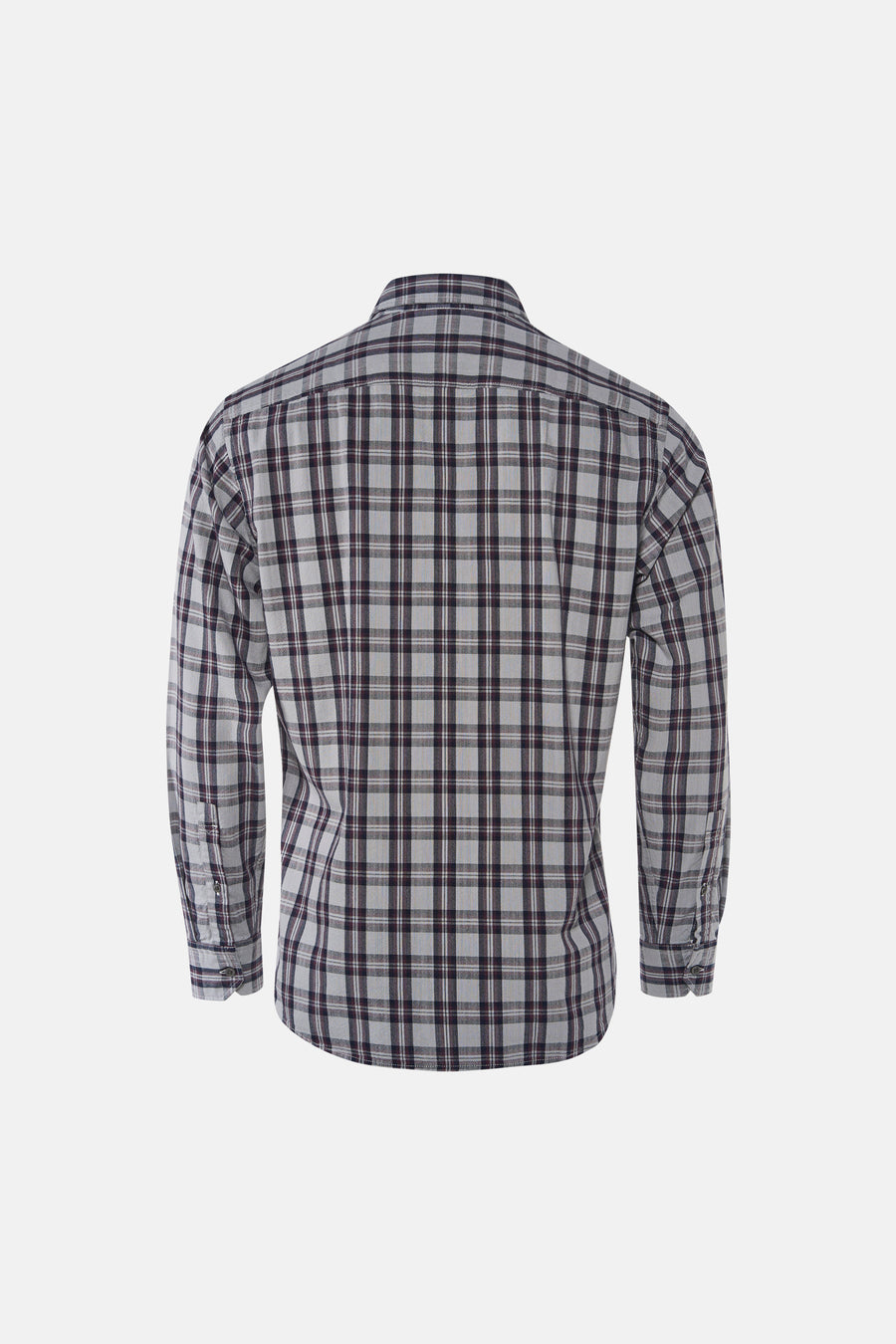 Grey long-sleeve plaid shirt back view with dark check pattern and buttoned cuffs