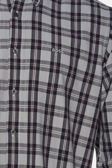 Grey plaid long-sleeve shirt by BOSS, featuring white and dark check pattern, button-down front, and chest logo embroidery.
