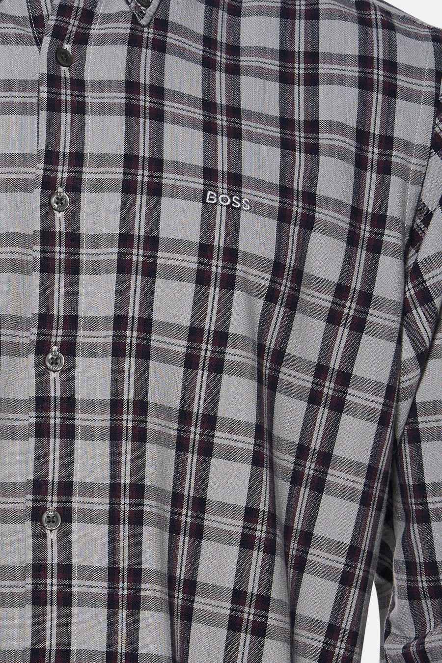Grey plaid long-sleeve shirt by BOSS, featuring white and dark check pattern, button-down front, and chest logo embroidery.
