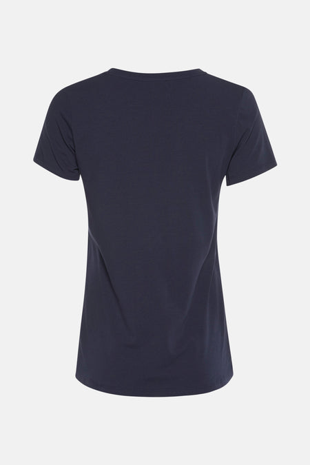 Blauw T-shirt met korte mouwen van MORE & MORE, effen en ronde hals, achterkant.