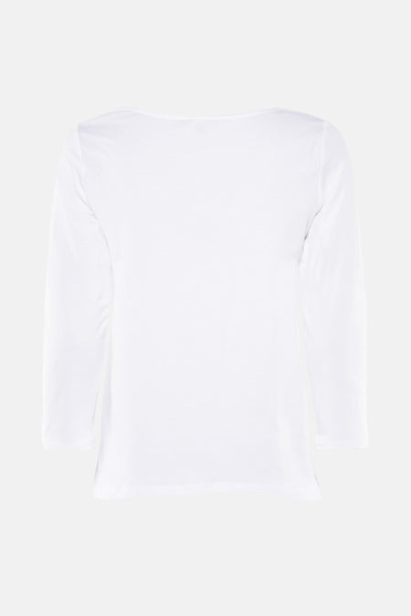Wit T-shirt met lange mouwen van MORE & MORE, met blauw geschilderd motief en zwarte opschrift.