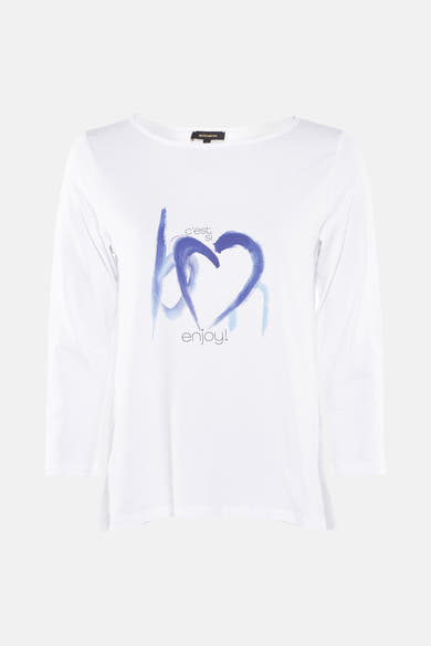 Wit T-shirt met lange mouwen van MORE & MORE met blauwe hartprint en kalligrafische tekst.