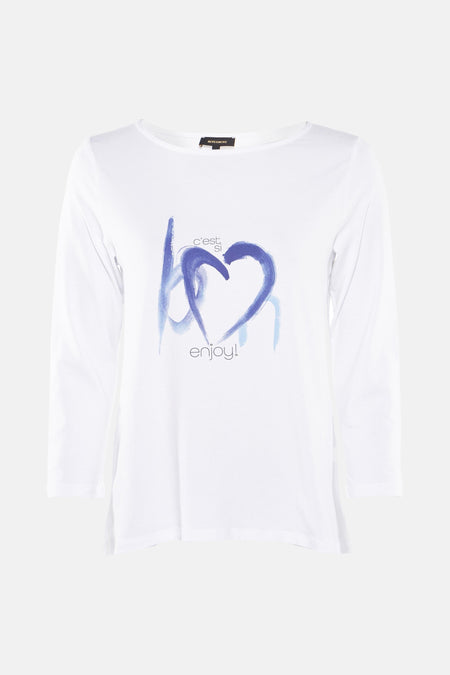 Wit T-shirt met lange mouwen van MORE & MORE met een blauw hartmotief en een geschreven boodschap.