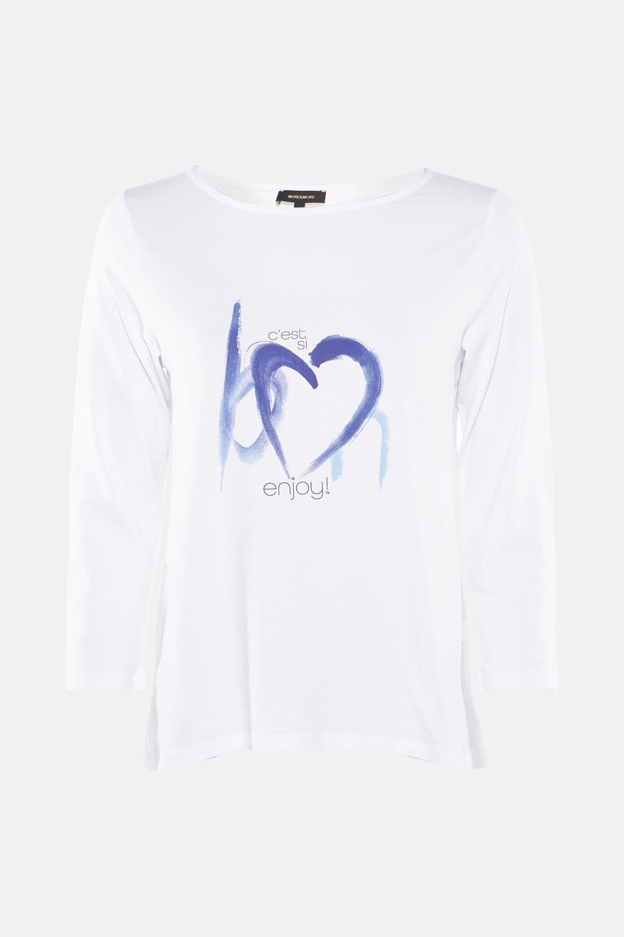 Wit T-shirt met lange mouwen van MORE & MORE met een blauw hartmotief en een geschreven boodschap.