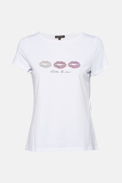 Wit T-shirt met korte mouwen van MORE & MORE, met strass-lippenmotieven en de tekst "talk to me".