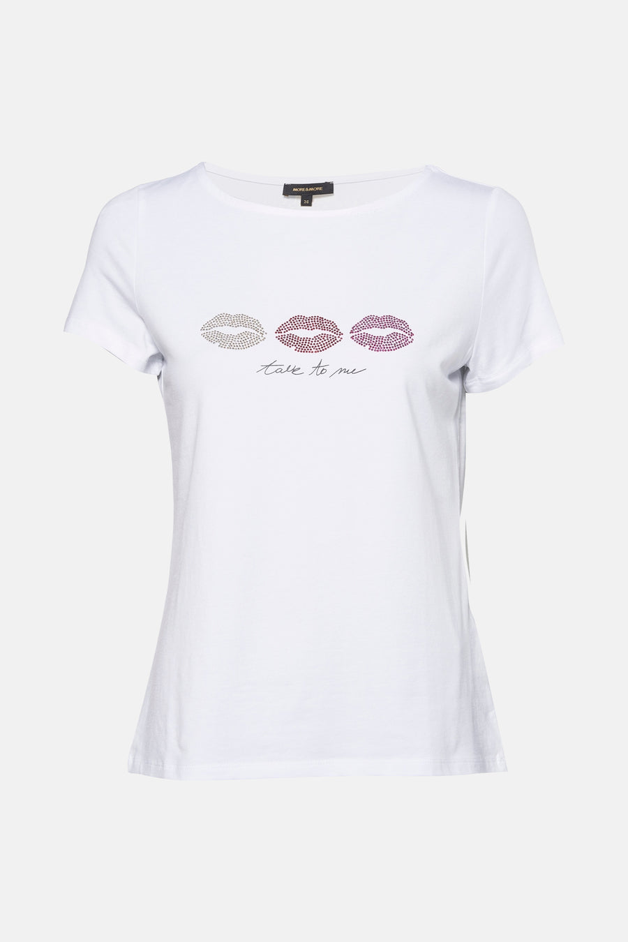Wit T-shirt met korte mouwen van MORE & MORE, met strass-lippenmotieven en de tekst "talk to me".