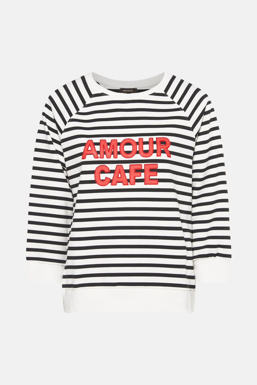 Gestreept zwart-wit sweatshirt van MORE & MORE met rode opdruk "Amour Café".