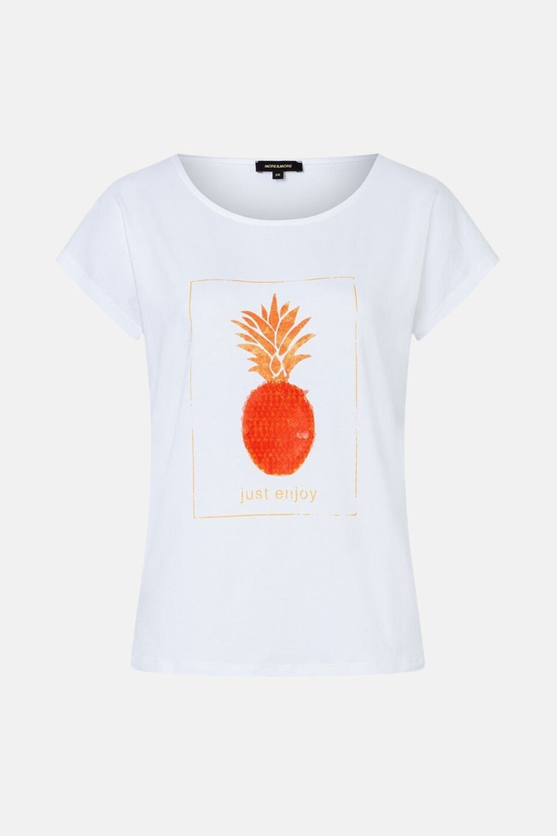 T-shirt blanc à manches courtes de MORE & MORE avec motif ananas et lettrage.