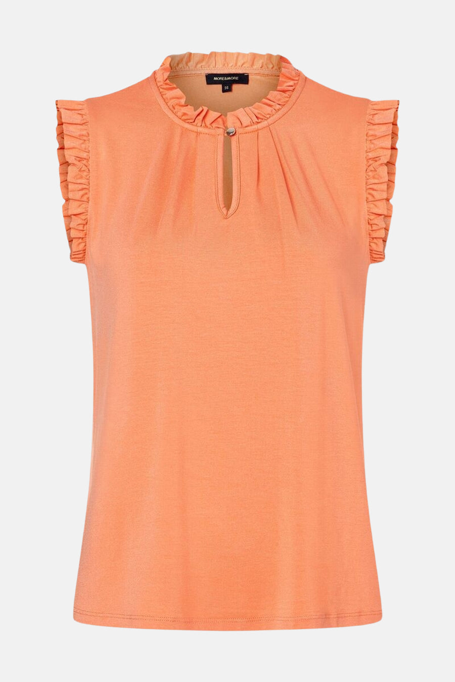 Top sans manches orange par MORE & MORE, avec un col montant à froufrous et des détails froncés.