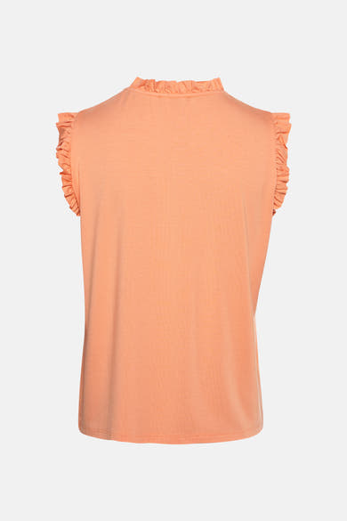 Top sans manches orange de MORE & MORE, avec col montant volanté et détails à volants aux épaules.