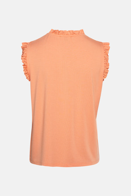Oranje mouwloze top van MORE & MORE, met opstaande kraag met ruches en ruchesdetails op de schouders.