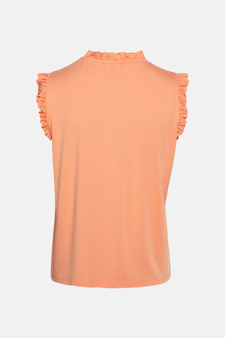 Top sans manches orange de MORE & MORE, avec col montant volanté et détails à volants aux épaules.