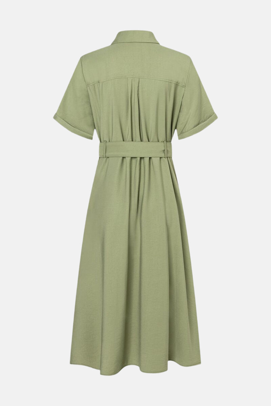 Robe longue kaki de MORE & MORE, avec ceinture et plis décoratifs au dos.