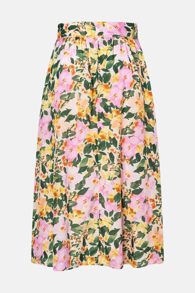 Jupe longue multicolore de MORE & MORE, à motif floral rose, jaune et vert, coupe évasée.
