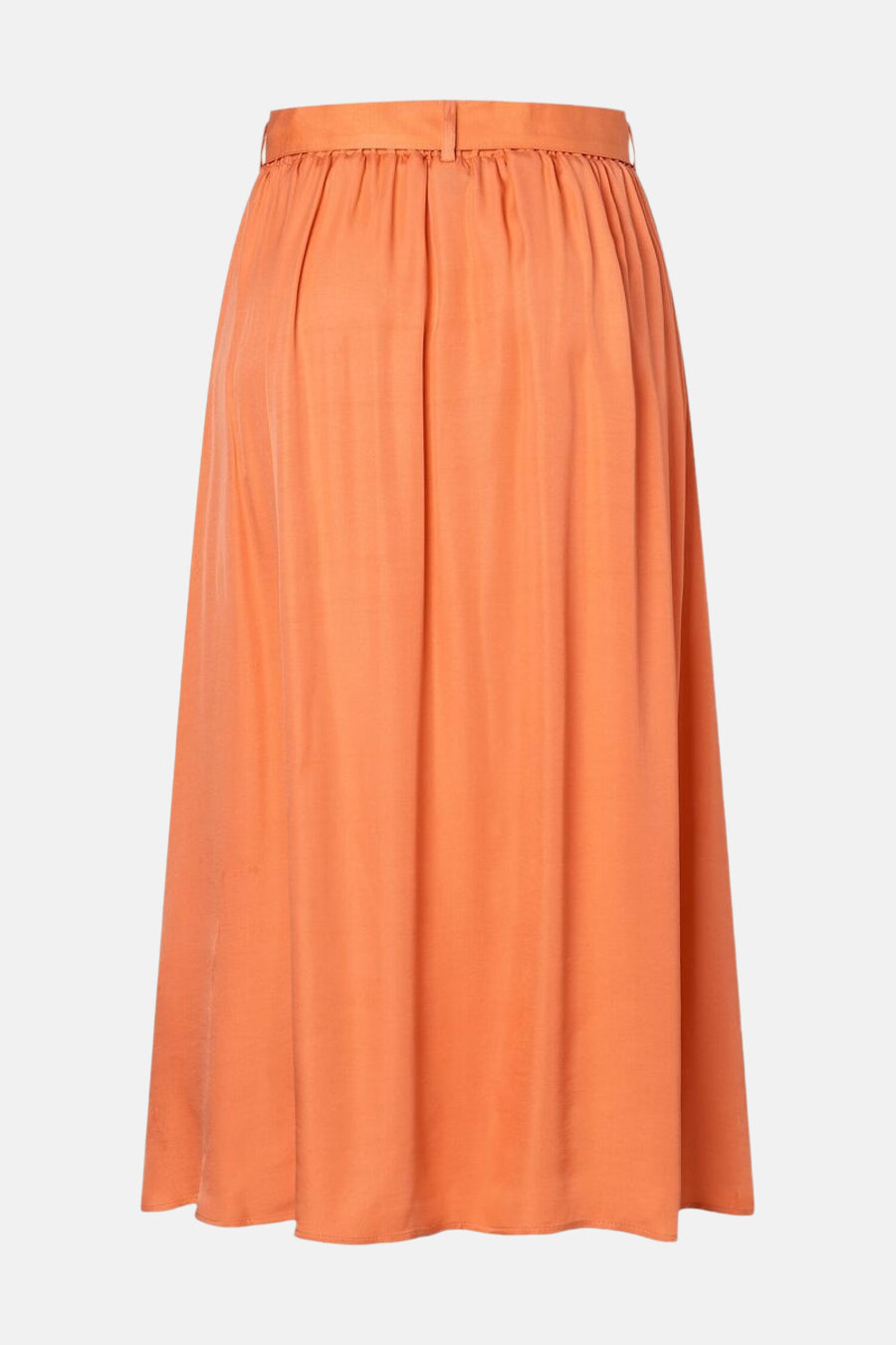 Jupe longue orange de MORE & MORE, taille haute froncée, coupe évasée et fluide.

