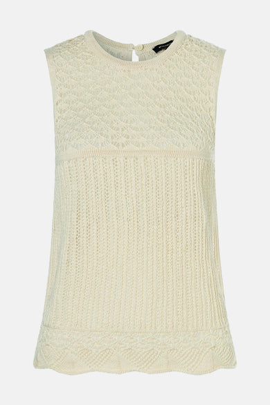 T-shirt beige en maille ajourée de MORE & MORE, avec motifs géométriques et ourlet décoratif.
