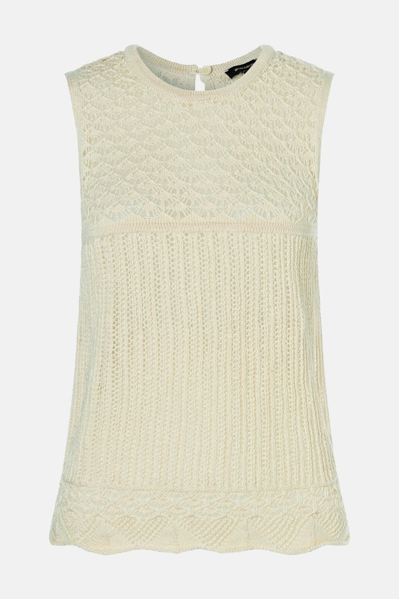 T-shirt beige en maille ajourée de MORE & MORE, avec motifs géométriques et ourlet décoratif.
