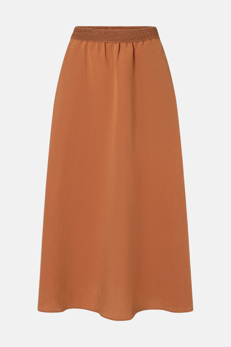 Lange bruine rok van MORE & MORE, met een elastische tailleband en een gladde textuur.
