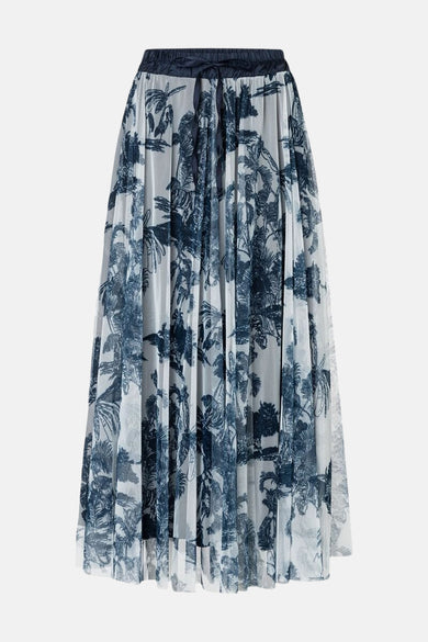 Lange blauwe rok met bloemenprint van MORE & MORE, met een elastische tailleband en een uitlopende pasvorm.