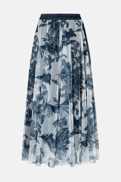 Jupe longue bleue à motif floral par MORE & MORE, avec une taille élastiquée et une coupe évasée.