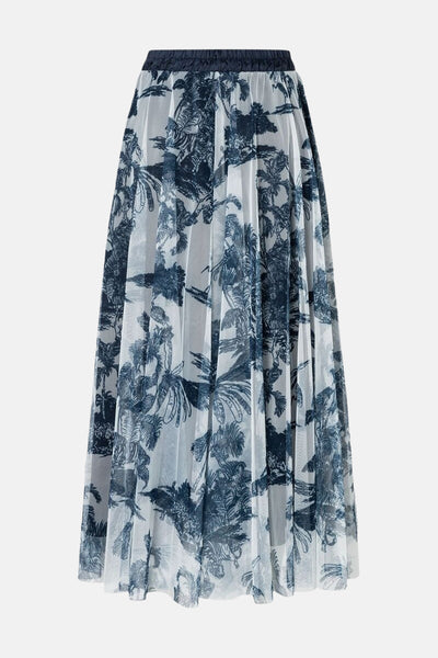 Jupe longue bleue à motif floral par MORE & MORE, avec une taille élastiquée et une coupe évasée.