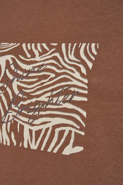 T-shirt à manches courtes brun de MORE & MORE avec motif zèbre et détails scintillants.