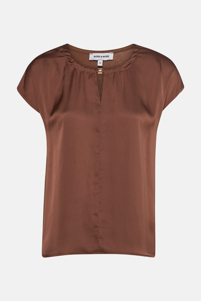Bruin blouse met korte mouwen van MORE & MORE, van achteren gezien, met een gladde textuur.
