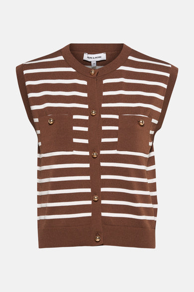 Bruin-wit gestreept mouwloos shirt van MORE & MORE met gouden knoopzakken, zijaanzicht.