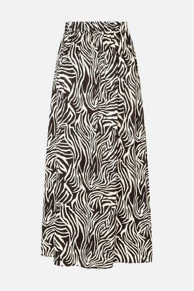Lange bruine rok met zebraprint van MORE & MORE, met een vloeiende pasvorm en een discrete split.