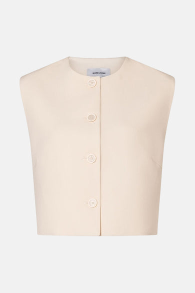 Beige blazer van MORE & MORE, achterkant, met korte en mouwloze pasvorm.