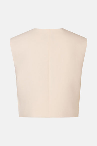Blazer beige de MORE & MORE, vue de dos, avec coupe courte et sans manches.