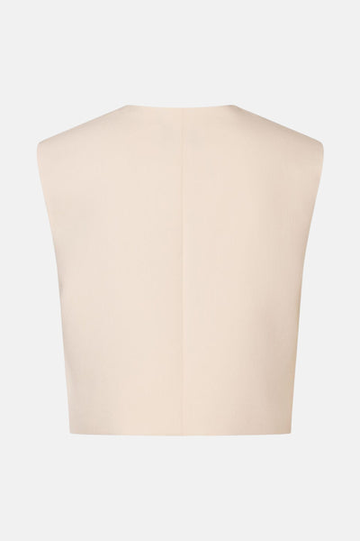 Blazer beige de MORE & MORE, vue de dos, avec coupe courte et sans manches.