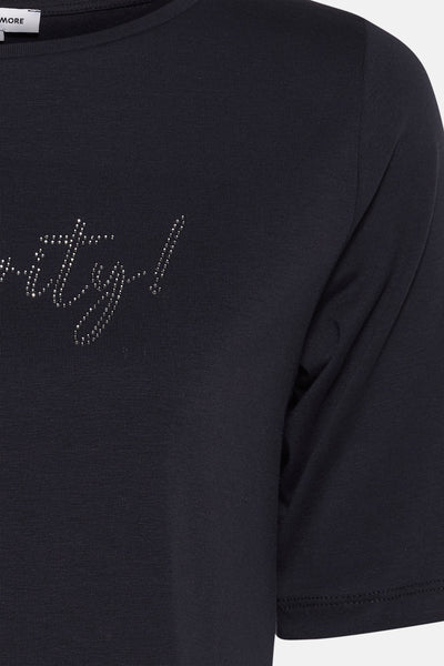 T-shirt bleu à manches courtes de MORE & MORE avec inscription scintillante sur le devant.
