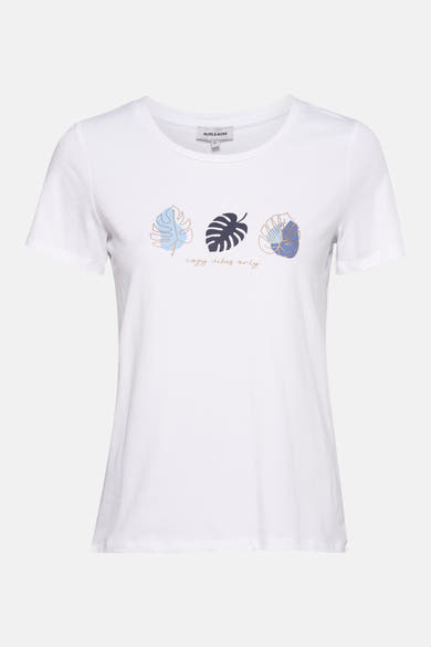 Wit T-shirt met korte mouwen van MORE & MORE met palmbladmotief en gouden letters.